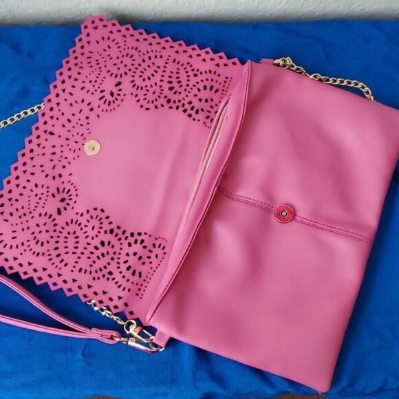 Yoki pink laser cut soft faux leather crossbody bag wristlet clutch - Picture 3 of 16